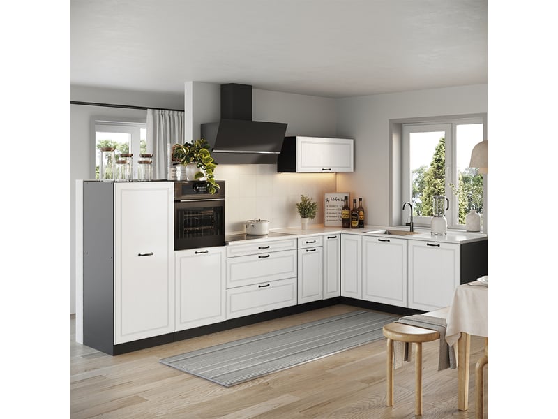  Vicco cuisine en angle, blanc campagneanthracite, 347 x cm plan de travail chêne doré  - Conforama C