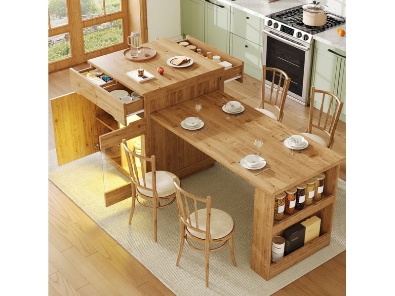 Îlot de cuisine extensible 122-195 x 70 x 93,5 cm – effet chêne – led, rangement et tiroirs - Conforama E