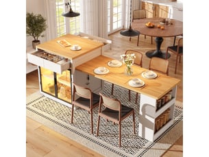 Îlot de cuisine extensible, 194,5 × 70 × 94 cm, 2 portes et 2 tiroirs, mdf, blanc, plateau extensible de 122 à 194,5 cm