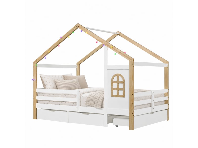  Lit cabane enfant 120x200 cm avec 3 grands tiroirs, garde-corps de sécurité, fenêtre décorative et guirlande lumineuse, pin et mdf, blancnaturel  - Conforama A