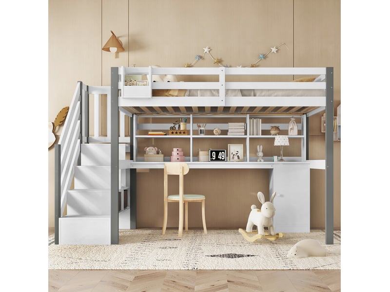  Lit mezzanine enfant 90x200 cm – blanc et gris – bureau, rangements et échelle latérale – sans matelas  - Conforama B