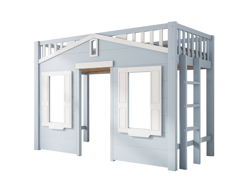  Lit mezzanine enfant 90x200 cm, rangement, escalier réversible et fenêtre décorative, mdf, blanc et bleu, sans matelas  - Conforama A