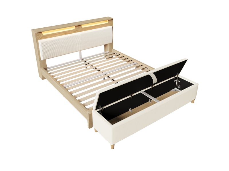  Lit double adulte,160x200 cm,avec banc, velours côtelé, led,mdf,chêne clair et beige  - Conforama A