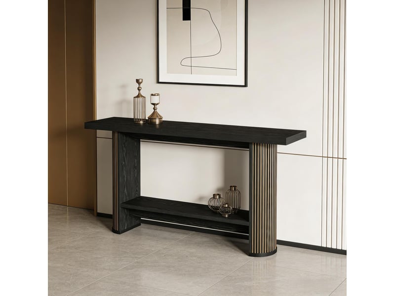  Table console étroite 140 x 30 x 80 cm en bois noir avec étagère basse  - Conforama E