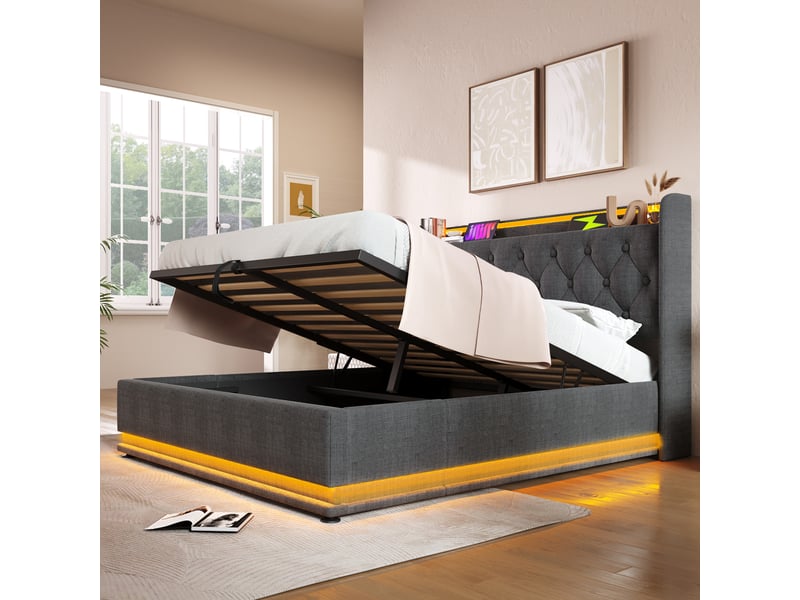 Lit coffre 160x200cm, espace de rangement, éclairage led, port de charge usb, type-c, incluant un matelas, lin, gris - Conforama W