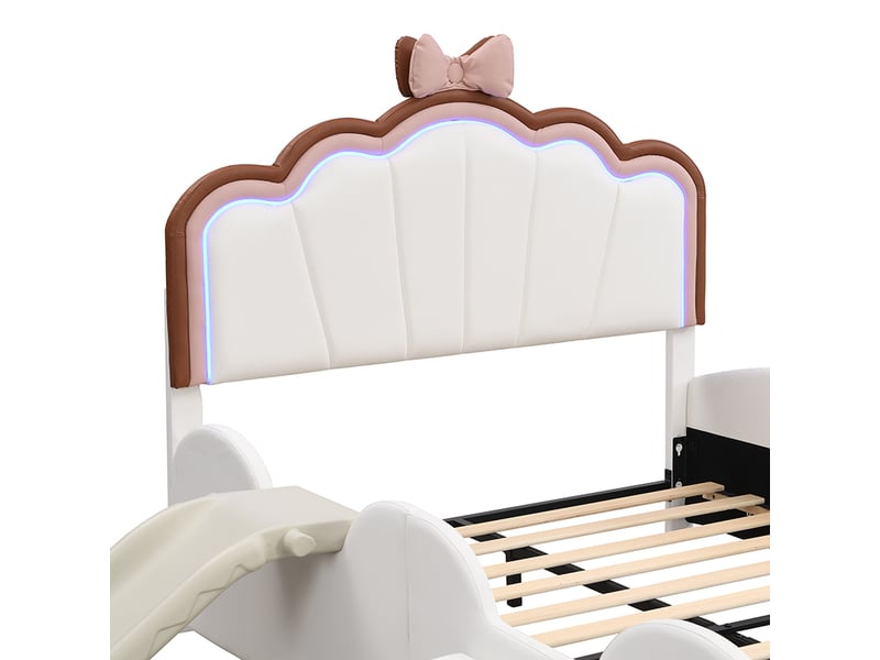  Lit enfant 140x200 cm forme papillon avec led et toboggan, pu, rose et blanc, sans matelas  - Conforama E