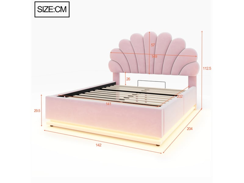  Lit coffre 140 × 200 cm 2 places avec éclairage led réglable et tête de lit fleurie, sans matelas, rose velours  - Conforama D