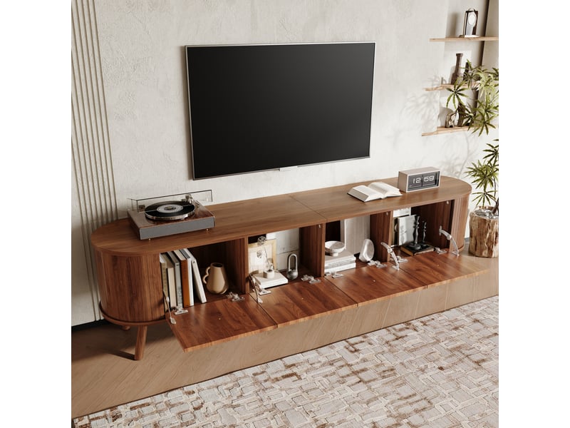  Meuble tv 4 portes abattantes avec rangement pour salon 180×38×47 cm en mdf et panneaux de particules noyer  - Conforama C
