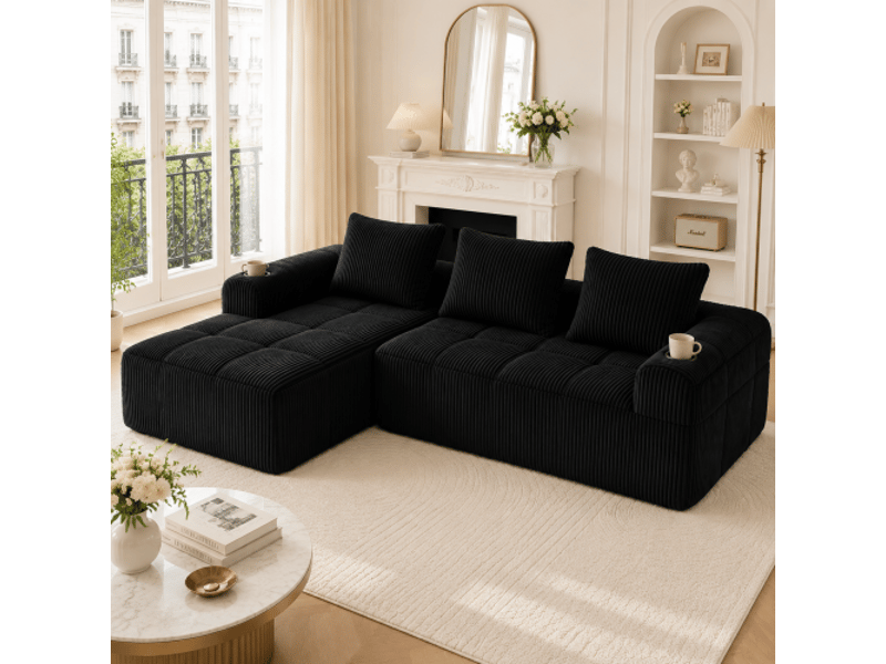  Canapé modulable en velours avec 3 coussins, poche latérale et porte-gobelet intégré  - Conforama W