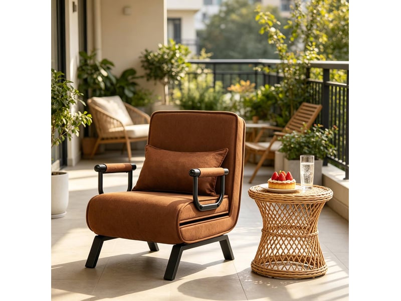  Fauteuil-lit convertible 3 en 1 avec dossier réglable 5 positions et coussin amovible en lin, métal et mousse marron  - Conforama B