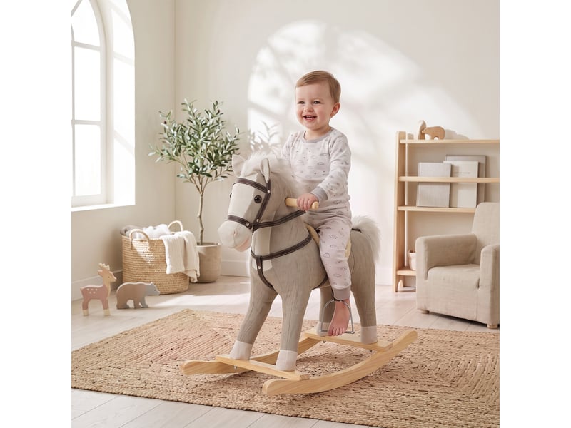  Bascule bébé - cheval à bascule effets sonores hennissement et galop selle étrier rênes gris  - Conforama D