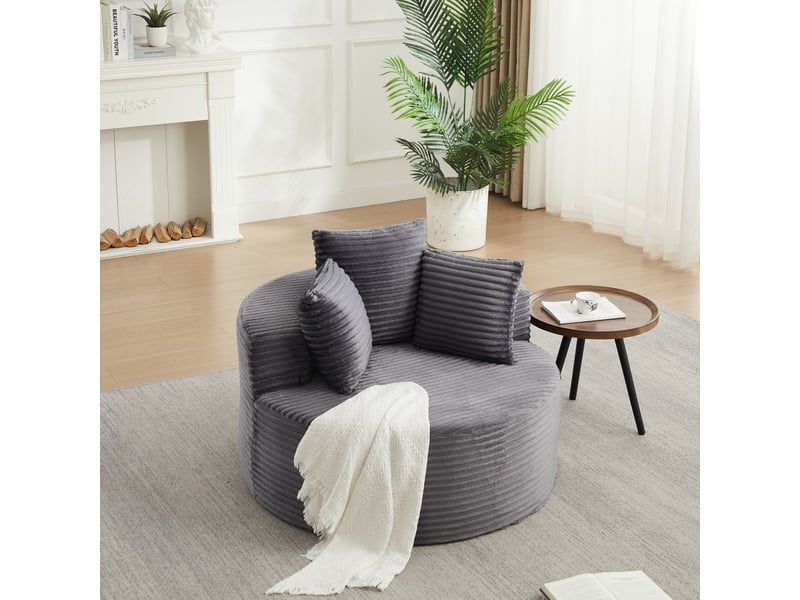  Fauteuil simple rond 110x110x82cm - canapé cabriolet lounge individuel sans montage en velours côtelé 3 coussins - gris  - Conforama B