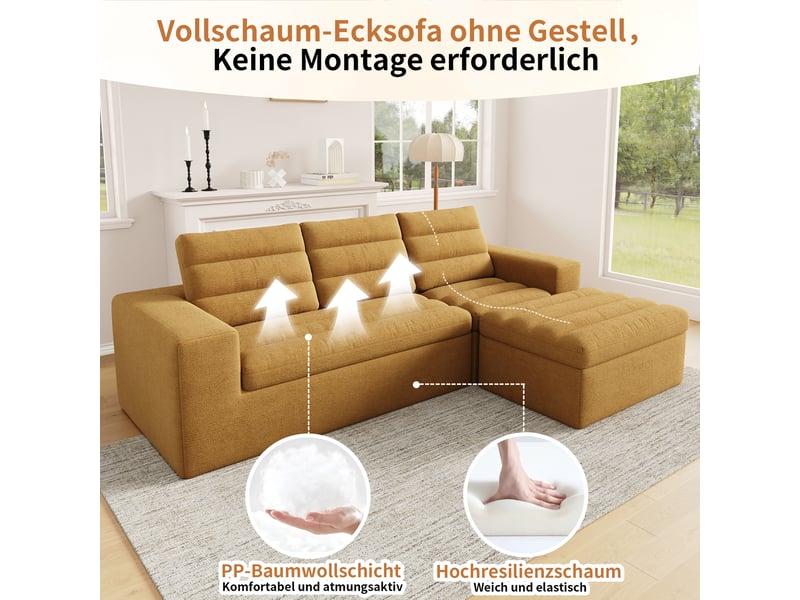  Canapé d'angle modulable 4 places en chenille orange avec pouf  - Conforama C