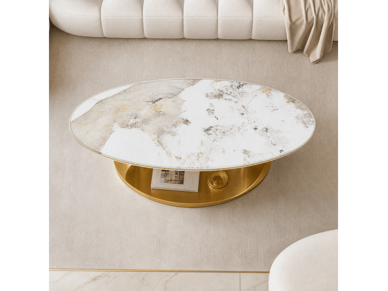  Table basse ovale 120x67x41 cm en plateau aspect marbre blanc et structure en métal doré, design élégant  - Conforama D