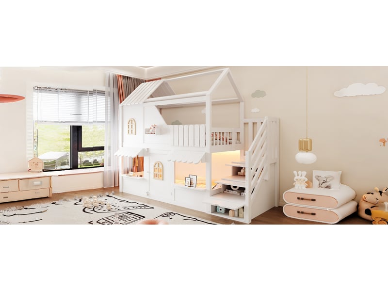  Lit superposé cabane 90 x 200 cm avec escalier de rangement et éclairage led, fenêtres, garde-corps et étagères, bois, blanc Morn Vibe - Conforama B