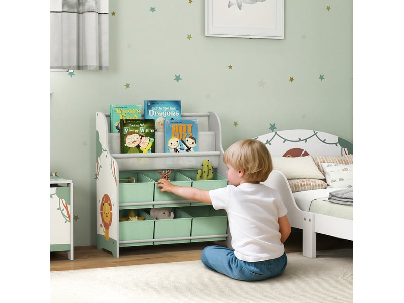  Meuble de rangement pour jouets avec 6 tiroirs en tissu et bibliothèque à 2 niveaux, bois et acier, 63 x 30 x 71 cm, vert  - Conforama B