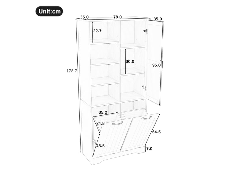  Armoire de salle de bains blanche en mdf avec 2 paniers à linge, rangements ouverts et étagères réglables  - Conforama C
