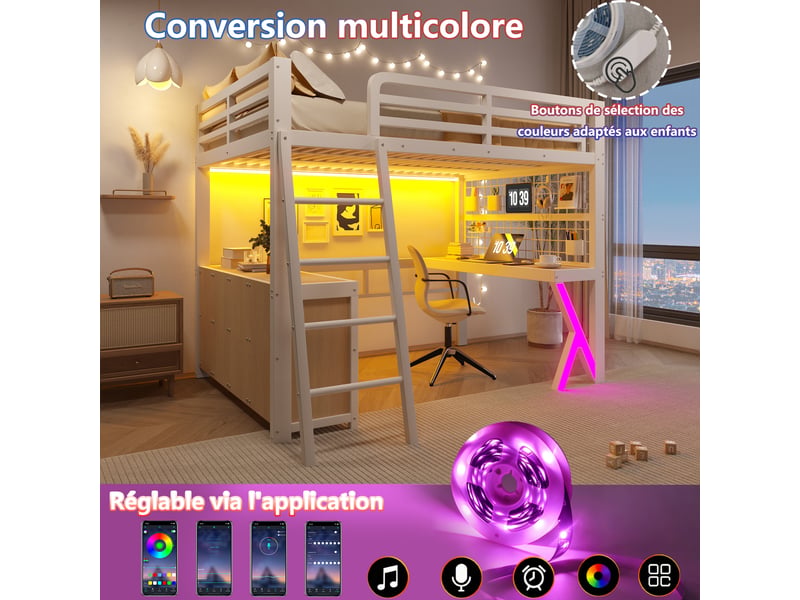 Lit mezzanine 140x200 cm, bureau, led contrôlée par application, rangements, métal Fay Lum - Conforama D