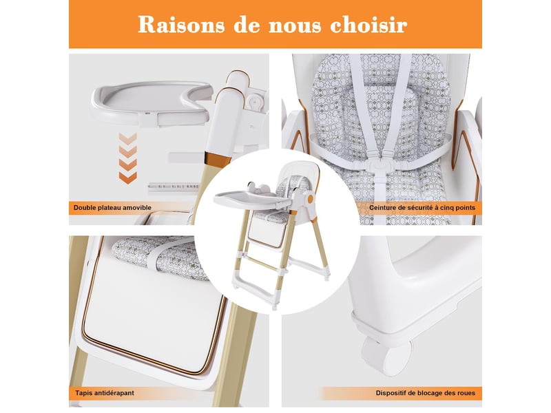  Chaise haute 2 en 1 pour bébé pliable et réglable en hauteur, blanc W1198P480181 - Conforama D