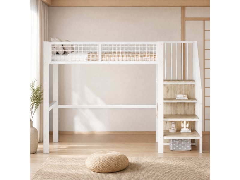 Lit mezzanine enfant 90x200 cm avec escalier et rangement, blanc - Conforama C