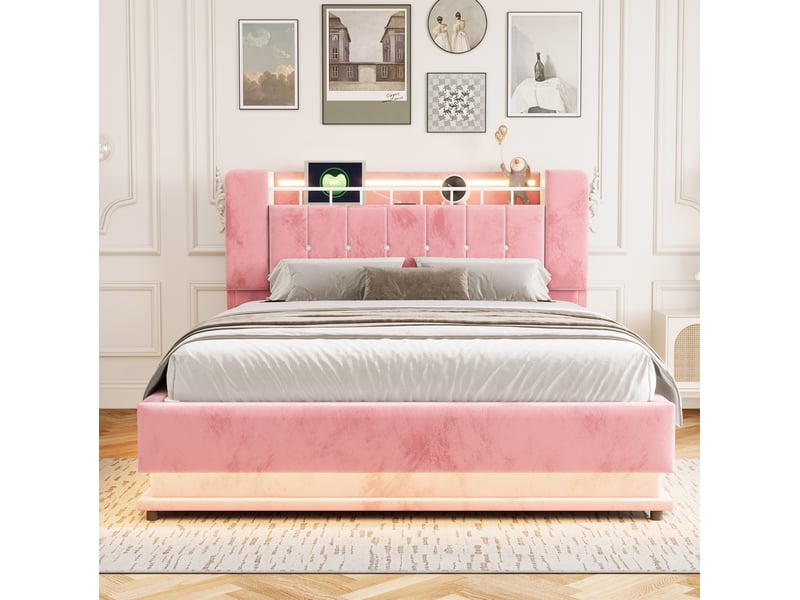  Lit double 160 × 200 cm avec coffre hydraulique, led, prises usb et rangement tête de lit en velours rose chambre  - Conforama D