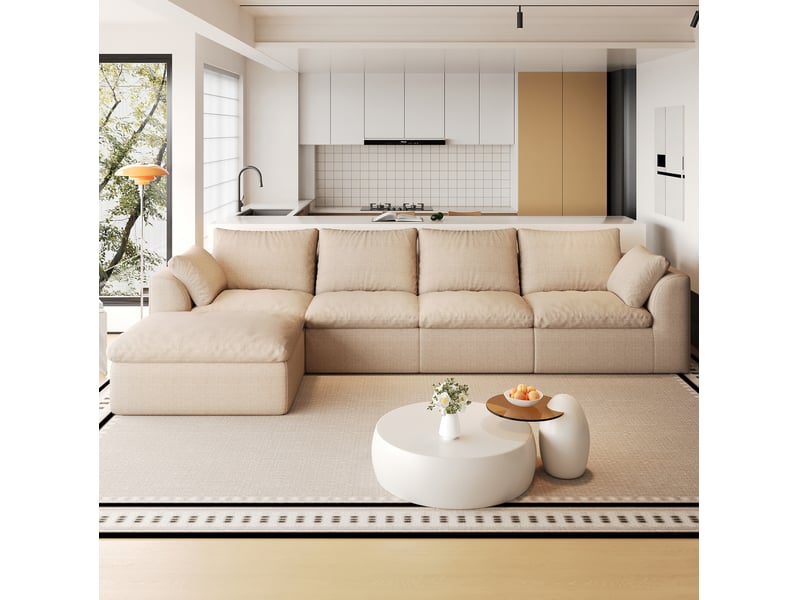  Canapé d’angle 5 places en tissu de lin kaki, 310x155x83 cm  - Conforama B