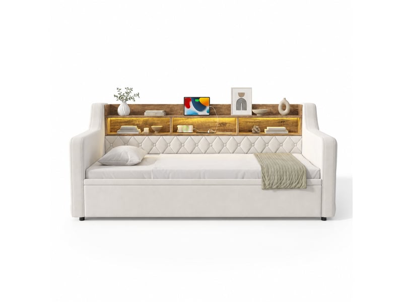  Lit convertible, 90x190 cm, tête de lit avec rangement, led, usb, type c, matelas non inclus, velours, coloris beige  - Conforama A