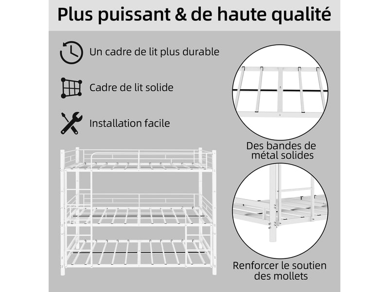  Lit triple en métal 90×190 cm, échelles intégrées, avec garde-corps, pour chambre enfant et adulte, à assembler  - Conforama E