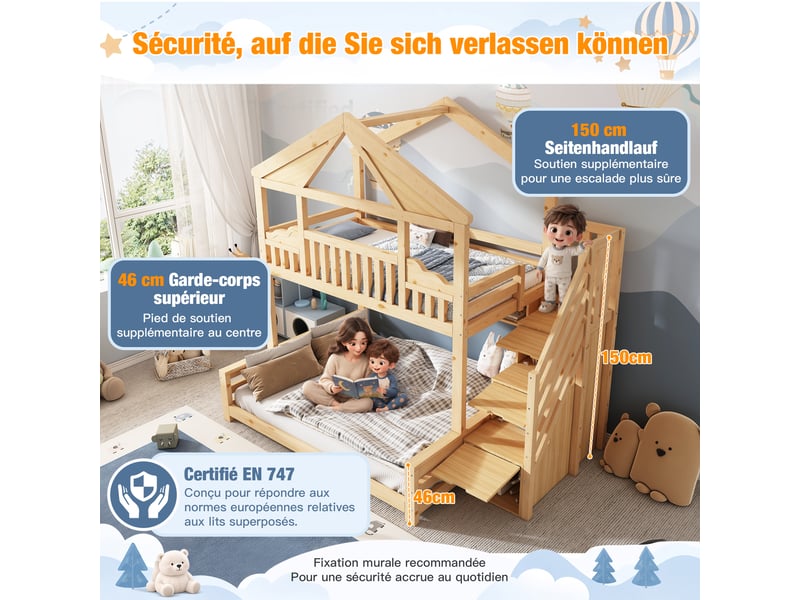  Lit superposé cabane enfant 3 couchages 90x200140x200 cm avec escalier de rangement, étagères suspendues, garde-corps, en 747, bois naturel  - Conforama E