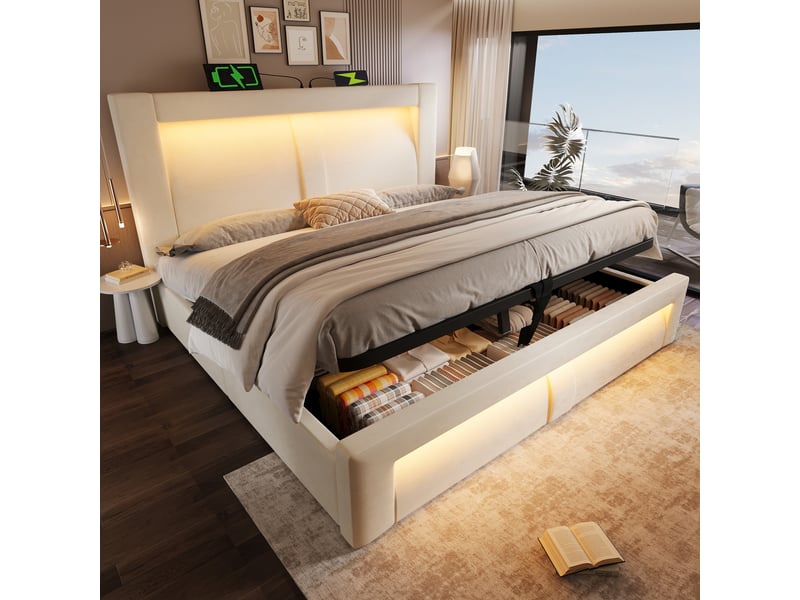  Lit coffre 140x200 cm à ouverture hydraulique en velours beige  - Conforama B