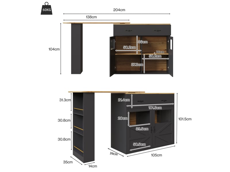  Table bar extensible 204x39x104 cm noir mdf, pivotante à 360° avec rangements pour cuisine et salon  - Conforama C