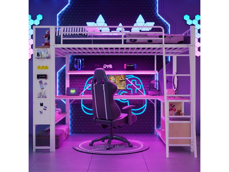 Lit mezzanine 140 x 200 cm avec bureau intégré et rangements, métal et mdf, éclairage led, prises usb - Conforama R