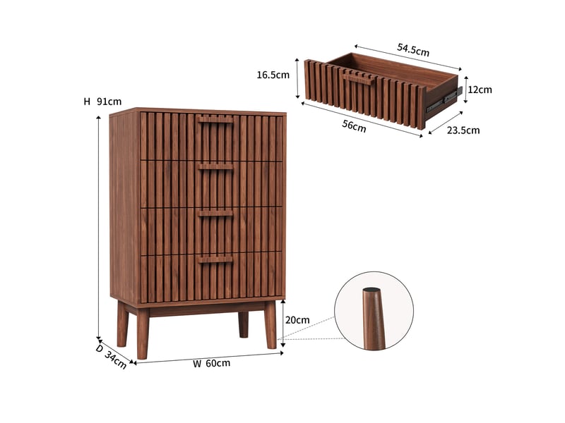  Commode de rangement, 60x34x91cm, avec 4 tiroirs, en bois, design à lattes, noyer  - Conforama E