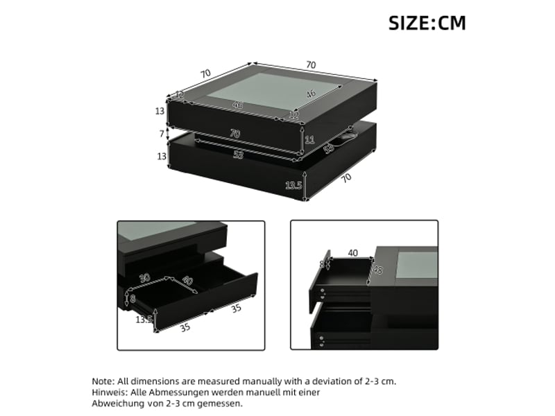  Table basse géométrique led - plateau verre, 3 tiroirs, noir, 70x70x35 cm, idéal petit espace  - Conforama C