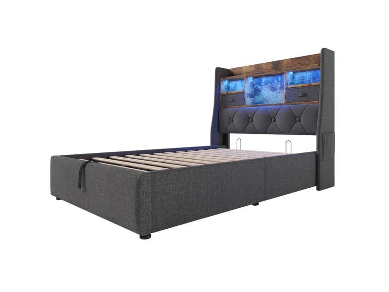 Lit enfant 90x200 cm – gris – coffre hydraulique, led, usb-c, sommier à lattes et matelas h3 réversible inclus - Conforama D