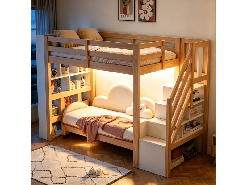  Lit mezzanine 90x200 cm, 274x96x175 cm, escalier à casiers, led, bois et mdf, blanc et bois naturel, sans matelas  - Conforama D