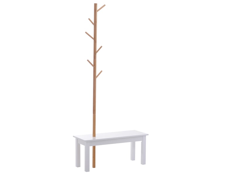 Banc d'entrée avec porte-manteau intégré, porte-manteau sur pied en bambou, banc d'entrée blanc, design, convient également pour une chambre, 80 x 30 x 180 cm, bois blanc - Conforama B