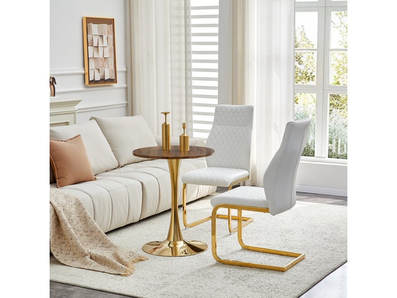  Ensemble table ronde et 2 chaises, table ronde 60 cm effet noyer, chaises blanches en similicuir motif losanges, piètement doré  - Conforama B