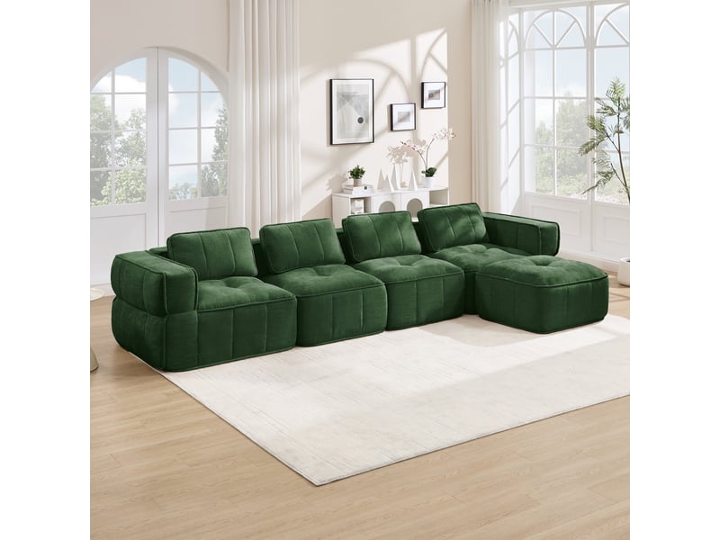  Canapé 4 places - 344x162x67cm - canapé d'angle modulaire en l avec pouf repose-pieds en mousse 32d sans cadre - vert  - Conforama C
