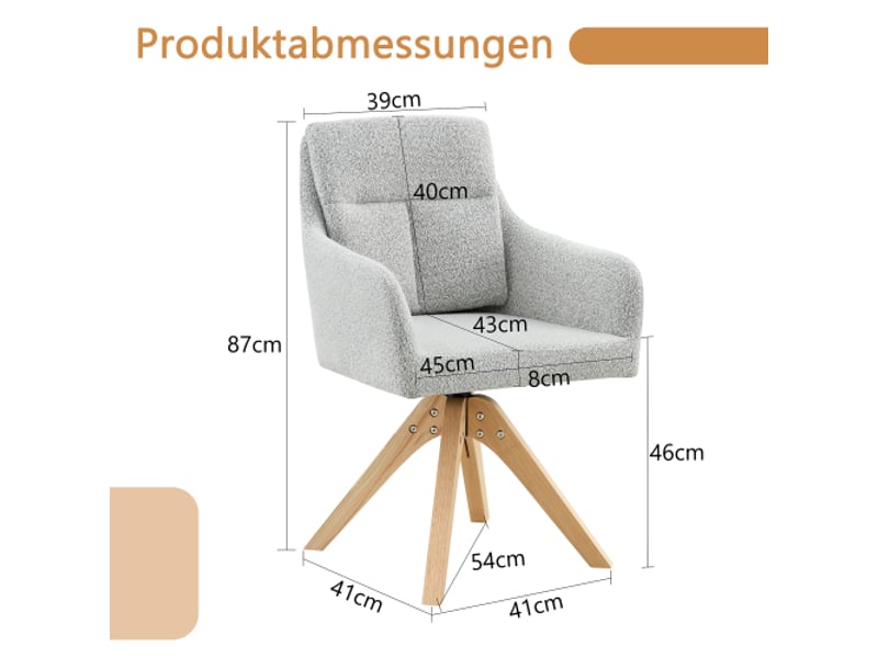  Lot de 2 chaises de salle à manger pivotantes - dossier haut - velours gris clair - pieds bois massif - rotation 360°  - Conforama C