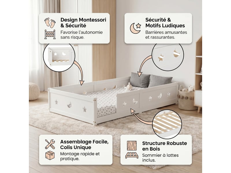  Lit enfant montessori 140x200 cm, lit simple, lit au sol avec barrière de sécurité et motif étoile, bois, blanc  - Conforama C