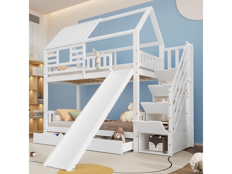  Lit superposé en pin et mdf blanc 90x200 cm avec escalier à rangements, toboggan, fenêtre, toit, barrière anti-chute et tiroir, lot de 2  - Conforama E