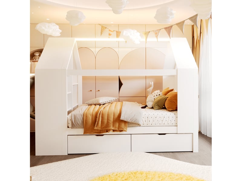  Lit cabane enfant modenvie 90 x 200 cm avec 2 tiroirs, led, rangement, cadre à lattes, bois et mdf, blanc  - Conforama E