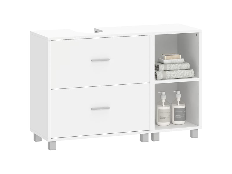  Meuble sous lavabo pour vasque suspendue sans colonne, 2 tiroirs, étagères, blanc, 90 cm  - Conforama A