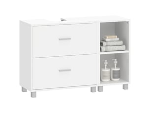 Meuble sous lavabo pour vasque suspendue sans colonne, 2 tiroirs, étagères, blanc, 90 cm