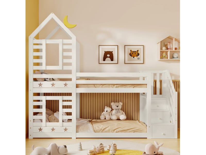  Modenvie lit superposé enfant 90x200 cm - avec rangements, 2 tiroirs, 2 sommiers inclus - blanc  - Conforama D