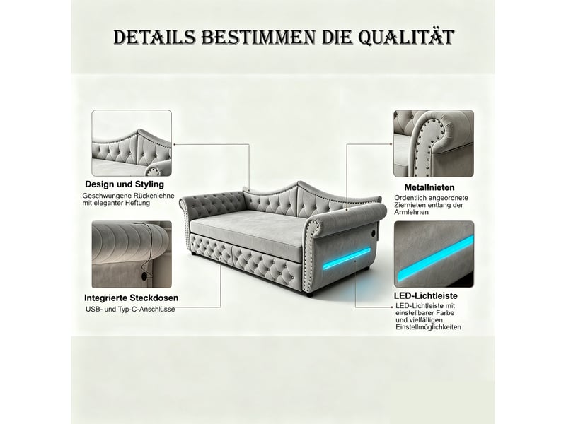  Canapé-lit 3 en 1 capitonné 90x200cm,lit gigogne extensible en 180cm,usb et éclairage led,finition cloutée,velours,sans matelas,gris  - Conforama D