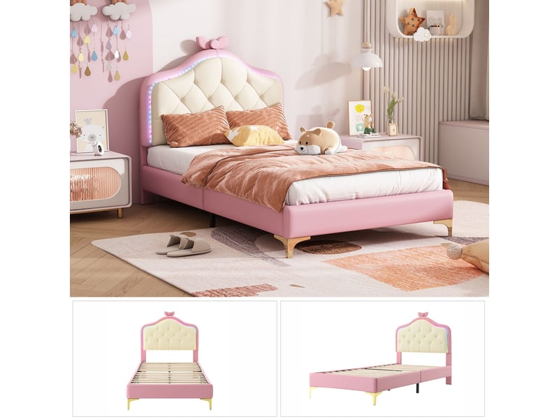 Lit enfant 90x200 cm rembourré avec tête de lit led multicolore-design ondulé avec nœud décoratif-sommier à lattes-pu rose - Conforama E