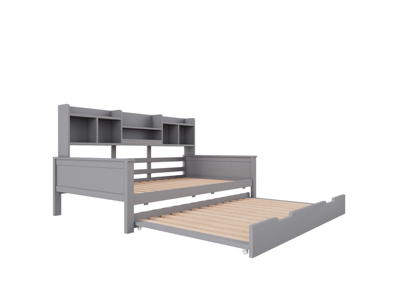  Lit gigogne enfant 90x200 cm + 90x190 cm avec compartiment de rangement et sommiers, pin, gris, sans matelas  - Conforama R