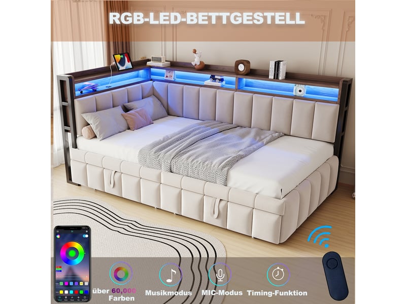 Canapé-lit convertible 90x200 cm avec lit gigogne, tissu velours beige, lit simple avec éclairage led et ports usb et type-c  - Conforama R